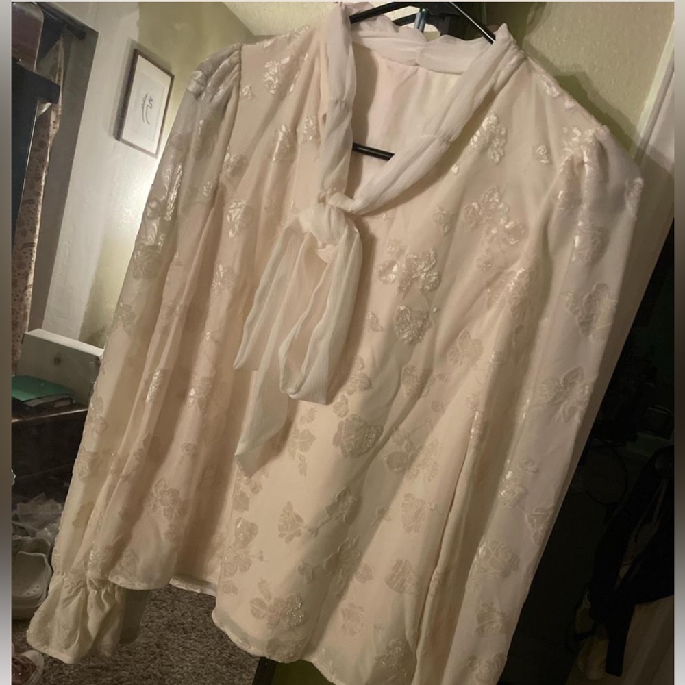 Cream Embroidered Tie-Neck Blouse